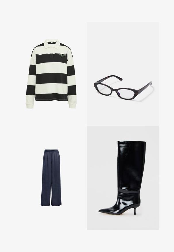 Schwarz-weißer gestreifter Langarm-Poloshirt mit Kragen und gesticktem grünen Text. Weicher Stoff mit gerippten Bündchen und Saum.; Marinefarbene Weitbein-Hosen aus glattem Stoff mit einem elastischen Bund und ohne sichtbare Beschläge. Sie verfügen über einen lockeren Sitz und ein langes Design.; Schwarze, knöchelhohe Lederstiefel mit glänzender Oberfläche, spitzer Zehe und schlankem Absatz. Glatte Struktur mit minimalen Designdetails.; Katzenaugen-Brillen mit einem glänzenden, dunkel-schalenförmigen Kunststoffrahmen, der geschwungene Arme und klare Gläser aufweist. Minimale Markenkennzeichnung an der Seite.