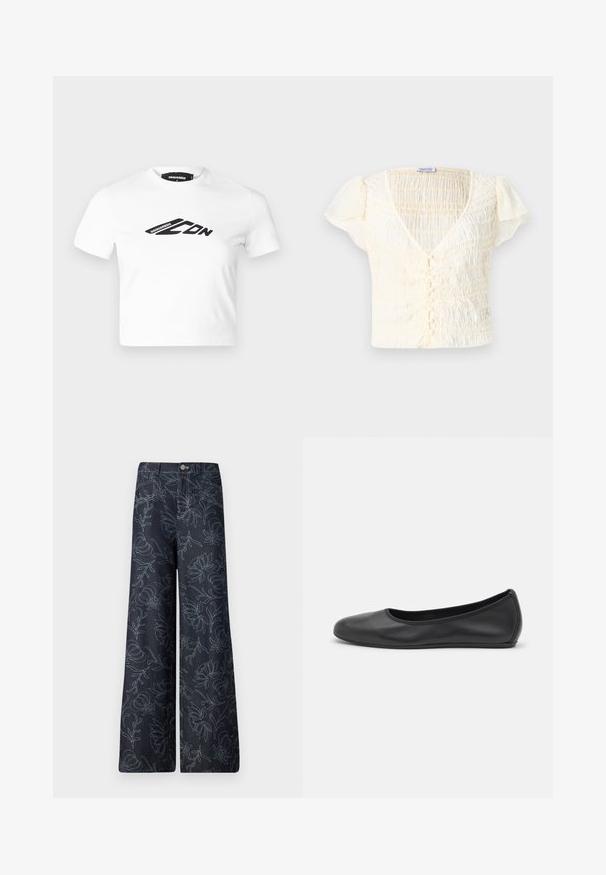 White cropped t-shirt made of cotton, featuring a black graphic logo on the front. Round neckline and short sleeves. Smooth texture.; Cream-colored short-sleeve top with a smocked texture, V-neck, and button closure. Lightweight fabric with subtle puff sleeves.; Dark denim wide-leg trousers featuring an embroidered floral pattern in light blue. Classic five-pocket design with a front button closure.; Black leather ballet flat with a rounded toe, smooth texture, minimal stitching detail, and a flexible sole design.