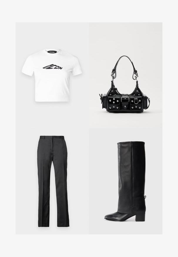 Bílý zkrácený tričko vyrobené z bavlny, na přední straně s černým grafickým logem. Kulatý výstřih a krátké rukávy. Hladká textura.; Ušité černé kalhoty z hladké tkaniny. Mají rovný střih, plochý přední díl a jemné detaily v podobě záhybů.; Černé kožené vysoké boty po kolena s hladkým povrchem, čtveratou špičkou, blokovým podpatkem a bočním vázáním pro nastavitelnou velikost.; Černá kožená kabelka s křivkovým designem, zdobená stříbrnými hřebíky, s přezkou a dvěma bočními kapsami. Nastavitelný popruh pro různé možnosti nošení.