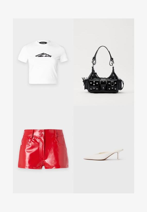 Maglietta cropped bianca in cotone, con un logo grafico nero sul davanti. Collo rotondo e maniche corte. Texture liscia.; Shorts rossi in ecopelle con finitura lucida, caratterizzati da vita alta, tasche frontali e dettagli di cucitura. Design strutturato e aderente.; Mule bianco a punta con tacco stiletto basso. Realizzato in materiale liscio con un design minimalista e dettagli delicati sulla suola colorato beige.; Borsa a mano in pelle nera con design curvo, caratterizzata da borchie argentate, una fibbia e due tasche laterali. Tracolla regolabile per diverse opzioni di trasporto.