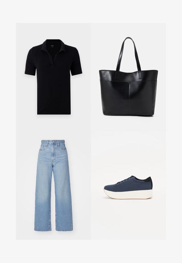 Fekete póló, pamutból készült, puha gallérral, rövid ujjal és V-nyakú fazonnal, további minták vagy díszítések nélkül.; Világoskék, magas derekú, bő szárú farmernadrág, elülső gombbal és cipzárral, elülső és hátsó zsebekkel, fehér háttérrel.; Sötétkék sportcipő, texturált szövet felsőrész, fehér platform talp, lekerekített orr és fekete sarok akcentussal. Hat fűzőlyuk található rajta.; Fekete bőr bevásárlótáska két hosszú fogantyúval, sima felülettel és strukturált formával. Elülső zseb található rajta a plusz tárolás érdekében.