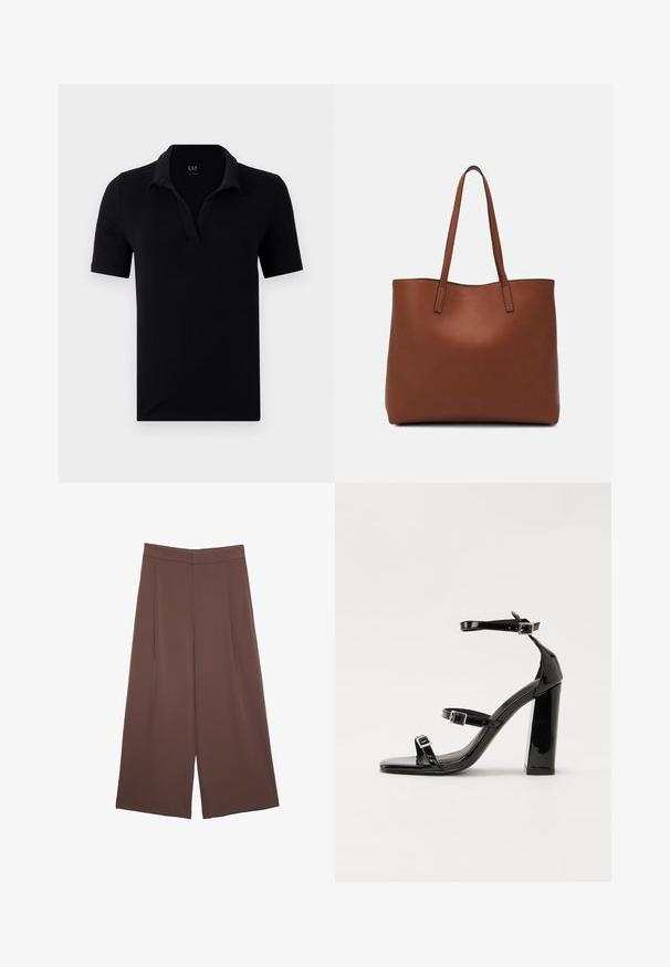 Svart polo skjorta i bomull, med en mjuk krage, korta ärmar och design med v-ringning utan några ytterligare mönster eller detaljer.; Bruna vida byxor med en slät textur, som har hög midja och framfickor. Tyget är lätt och flödar löst.; Svarta lackerade klacksandaler med fyrkantig tå, ankelremmar och silverfärgade spännen. Har en kraftig blockklack för stabilitet.; Brun läder tote-väska med en slät textur, öppen toppdesign och två axelremmar. Har minimal söm och ingen synlig metalldetalj.