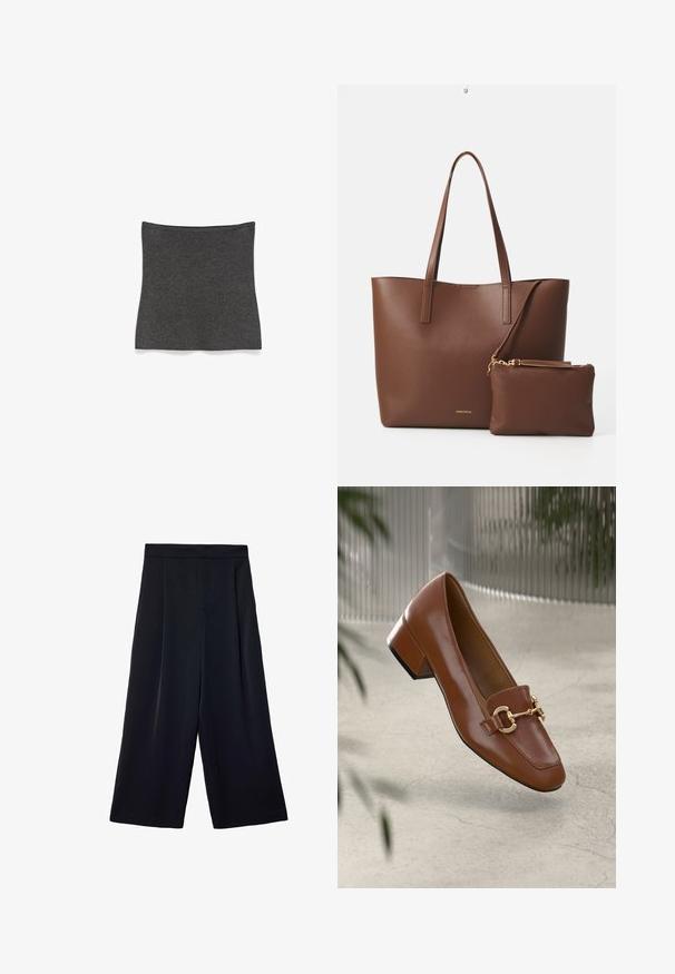 Dunkelgrauer gerippter Strick-Nackenwärmer oder -Gamasche flach auf einem weißen Hintergrund ausgelegt.; Weite schwarze Hose aus leichtem Stoff. Mit gefaltetem Bund, hohem Taillenbund und lockerer Passform an den Beinen.; Braune Lackleder-Loafer mit quadratischer Zehenpartie, metallischem Kettenakzent und niedrigem Blockabsatz; glatte Textur, minimalistisches Design.; Braune Handtasche aus Kunstleder mit zwei langen Griffen und einem passenden kleinen Beutel. Die Oberfläche weist ein strukturiertes Muster und goldene Hardware-Akzente auf.