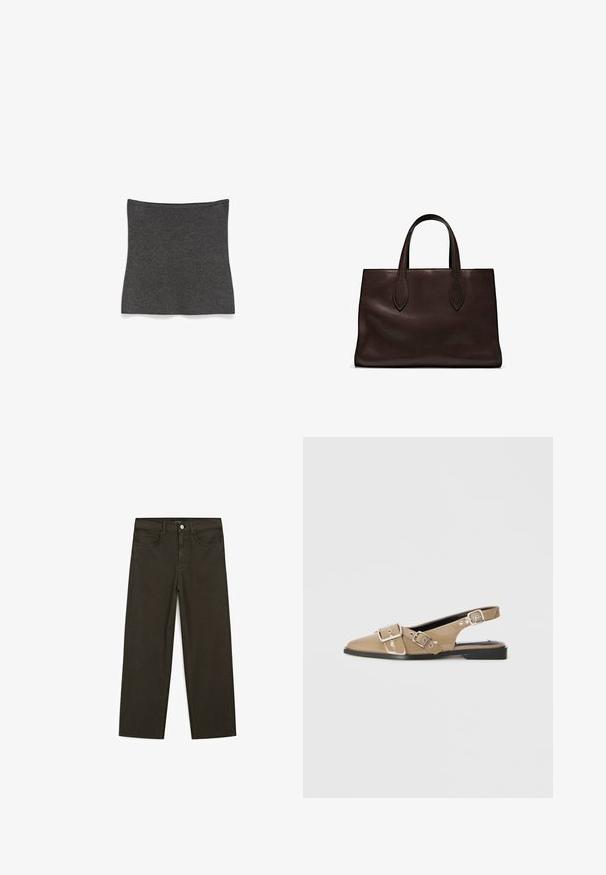 Donkergrijze geribbelde gebreide nekwarmer of gaiter plat gelegd op een witte achtergrond.; Donkergroene wijde jeans van een katoenmix, met een sluiting met een voorste knop, vijf zakken en klassieke denimstiksels.; Beige gepatineerde slingback schoenen met een spitse neus, twee verstelbare gespen en een lage zwarte hak. Glad textuur met een glanzende afwerking.; Bruine leren tote bag met twee verlengde handvatten, gestructureerde rechthoekige vorm, gladde textuur en subtiele stiksels.