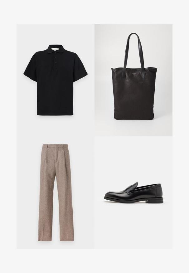 Melna polo krekla ar īsām piedurknēm, kas izgatavots no mīksta kokvilnas. Ar apkakles izgriezumu un četru pogu aizdari. Vienkāršs, minimālistisks dizains.; Brūni, augstos šortos izgatavoti no teksturēta auduma. Iezīmē plašas kājas un divas priekšējās krokas, kas nodrošina struktūru. Kārtīga apdare bez redzamām detaļām.; Melnas ādas kurpes ar gludu tekstūru, noapaļu purngalu un dekoratīvu siksniņu pāri priekšpusei. Zems sakrauts papēdis, minimālisma dizains.; Melnas auduma iepirkumu soma ar melnām ādas rokturiem. Vienkāršs dizains, plaša forma un gluda tekstūra. Nav redzamu logo vai rakstu.