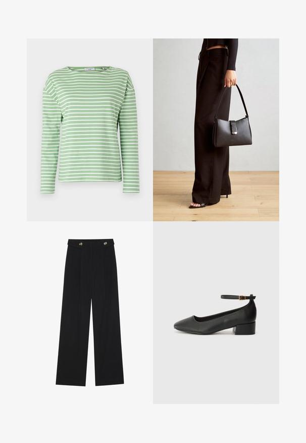 Roheline ja valge triibuline pika varruka särg, millel on ümmargune kaelus, valmistatud pehmest kangast, omades vabalt voolavat lõiget ja silmapaistvaid külgõmblusi.; Mustad laiad püksid kõrge vöökoha ja nööpdetailidega vööandil, esikortsudega.; Must mustaapp, millel on terav nina ja madal blokk-kand. Omab pahkluu rihma koos kuldse tooni pandlaga. Sile tekstuur.; Must musta kott, millel on struktureeritud kuju, sile tekstuur ja metallist klamber. Kombineeritud laiate mustade pükstega ja avatud varvaste sandaalidega puidust põrandal.