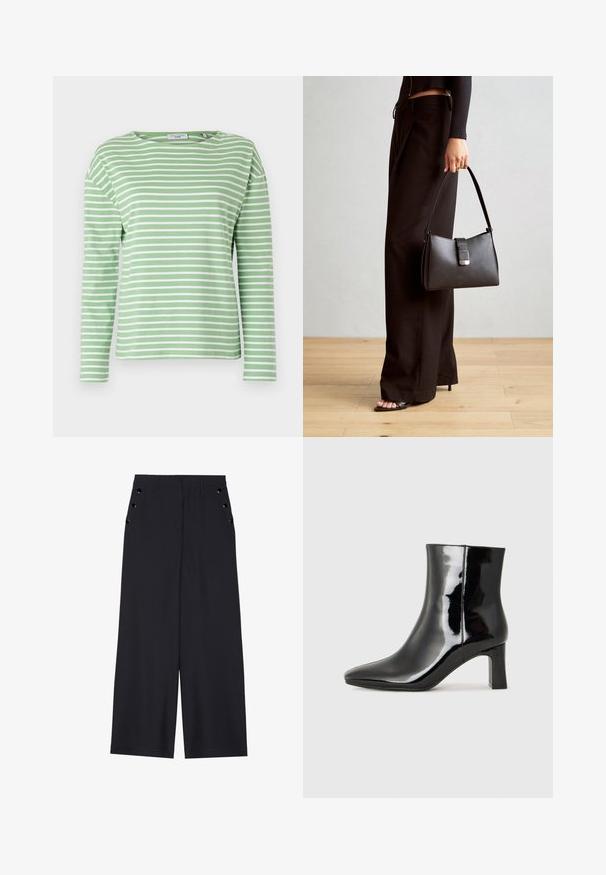 Zelena i bijela prugasta majica dugih rukava s okruglim izrezom, izrađena od mekog materijala, s opuštenim krojem i vidljivim bočnim šavovima.; Hlače širokih nogavica od tamnoplave tkanine, s glatkom teksturom, prednjim ispupčenjima i dekorativnim zlatnim okovama na bočnim džepovima.; Crne lakirane kožne gležnjače s šiljastim prstom i srednje visokom blok petom. Glatka tekstura i minimalistički dizajn.; Crna torba s oblikom koji sadrži strukturu, glađu teksturu i metalnu kopču. Uparena s širokim crnim hlačama i sandalama na otvorenom s drvenog poda.