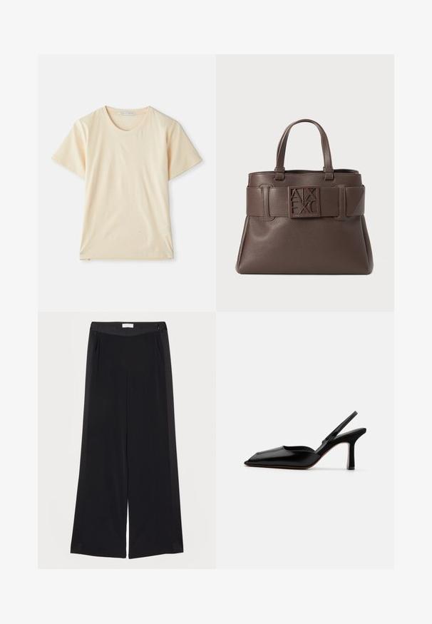 Krémové tričko vyrobené z měkké, lehké bavlny, s krátkými rukávy a kulatým výstřihem. Žádné viditelné vzory či akcenty.; Široké černé kalhoty vyrobené z hladkého materiálu, s plochým pasem,Výpustkami a bočními kapsami. Hladké linie s minimálními detaily.; Černé kožené slingback podpatky s špičatou špičkou, minimalistický design, tenký popruh kolem kotníku a štíhlý jehlový podpatek. Hladká textura.; Hnědá kožená kabelka s jemnou texturou, horními uchy a výrazným logem na opaskovém pásku. Disponuje ostrými akcenty a strukturovaným tvarem.
