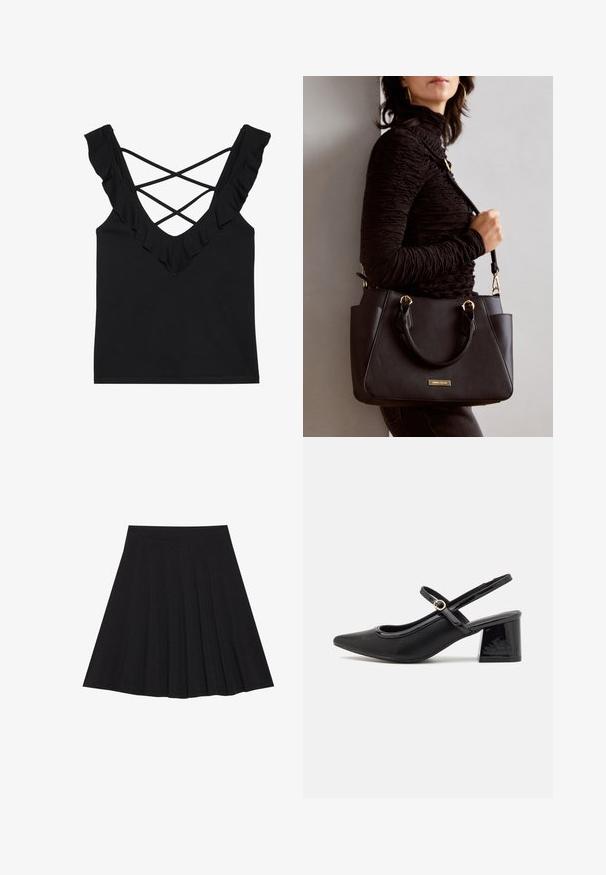 Zwart tanktop met een V-halsontwerp, ruche banden en een kruisrug. Gemaakt van een zachte, rekbare stof.; Zwarte plisseerok van een gestructureerde stof met een aansluitende tailleband. Valt tot op de knie en heeft een gladde, strakke silhouette.; Zwarte gepolijste leren slingback hakken met een spitse neus, een ronde uitsnede en een blokhak. Voorzien van een gouden gespaccent.; Zwarte handtas met gestructureerd oppervlak, dubbele bovenhandvatten en verstelbare schouderriem. Voorzien van goudkleurige hardware en zijzakken.