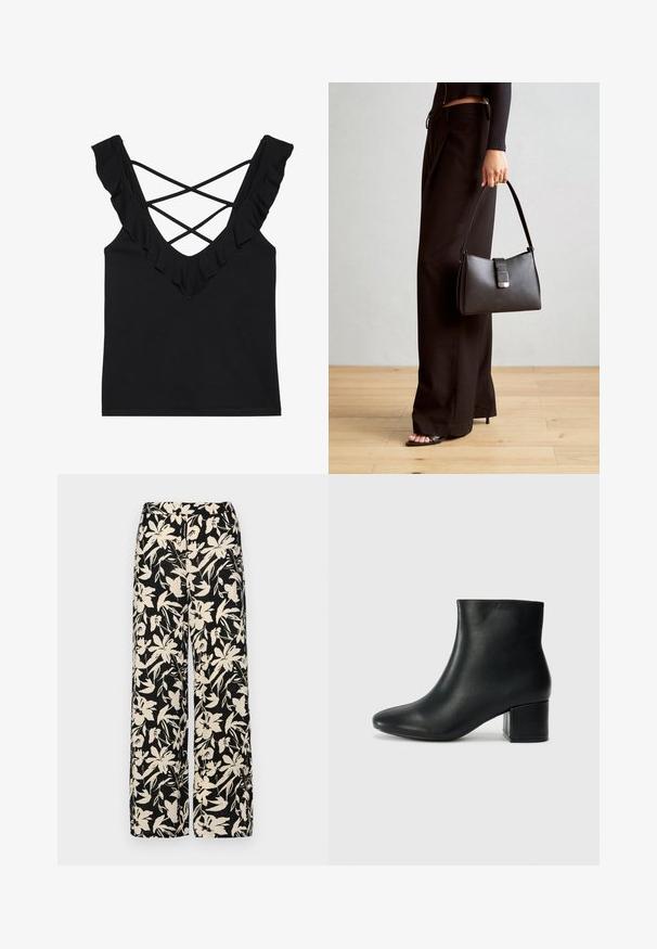 Top negru fără mâneci cu decolteu în V, bretele volan și spate încrucișat. Fabricat dintr-un material moale și elastic.; Pantaloni negri cu croi larg, decorati cu un model floral crem. Fabricati dintr-un material usor, avand o textura neteda si un talie inalta.; Cizme negre din piele până la gleznă, cu vârf ascuțit și toc robust. Textură netedă, cu accente minime și un design elegant, ajustat.; Genți negre cu o formă structurată, textură netedă și un închizător metalic. Asortată cu pantaloni negri largi și sandale cu vârf deschis pe un podea din lemn.