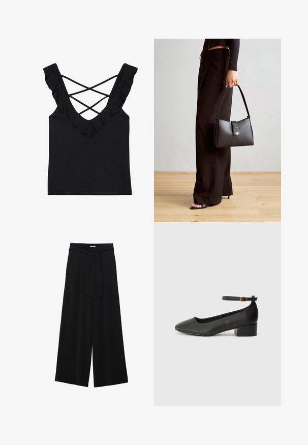 Crna majica bez rukava s dizajnom u obliku V-izreza, nabranim naramenicama i leđima u obliku križa. Izrađena od mekog, rastezljivog materijala.; Crne široke hlače od teksturirane tkanine, s elastičnom pojasom i odvojivim remenom na struku za prilagodivo pristajanje.; Crne kožne pumpe s oštrim vrhom i niskom blok petom. Sadrže remen oko gležnja s zlatnim kopčanjem. Glatka tekstura.; Crna torba s oblikom koji sadrži strukturu, glađu teksturu i metalnu kopču. Uparena s širokim crnim hlačama i sandalama na otvorenom s drvenog poda.