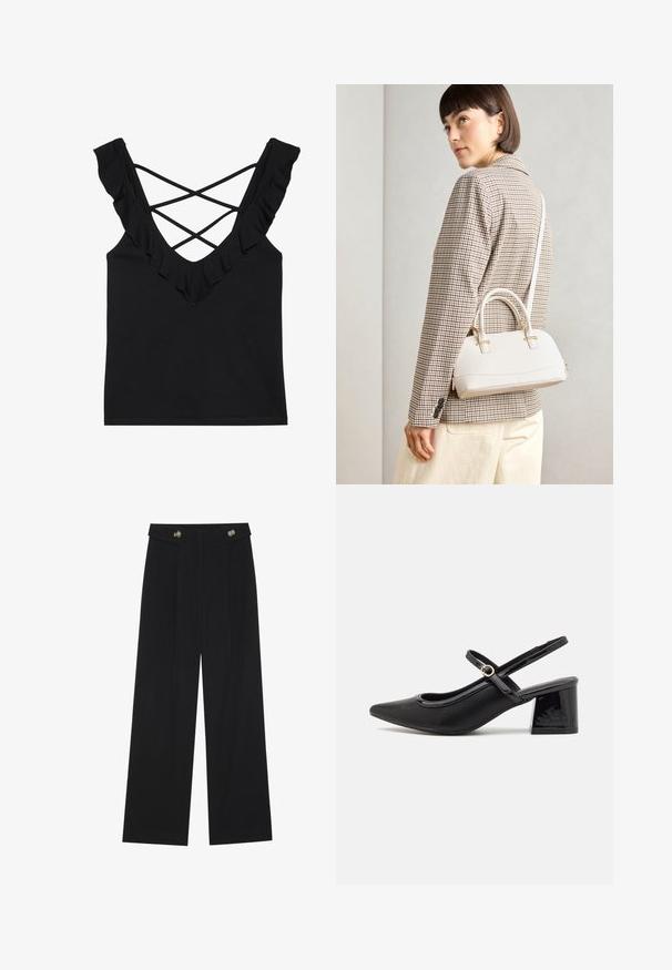 Svart linne med V-urringning, volangiga axelband och korsat rygg. Tillverkat av ett mjukt, stretchigt tyg.; Svarta vida byxor med hög midja, knäppdetaljer i midjan och framfickor.; Svarta lackläder slingback-klackar med spetsig tå, en rundad utskärning och en blockklack. Utsmyckad med en spänne i guldton.; Vitt strukturerat handväska med korta handtag och en axelrem, med gyllene detaljer och texturerat material, visad mot en grå bakgrund.