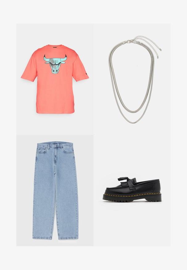 Tricou scurt cu mânecă din bumbac de culoare coral, având un grafic cu un taur turcoaz pe față. Croială normală cu decolteu rotund.; Jeans din denim de culoare albastru deschis, cu un design cu picioare drepte, având talie medie, cinci buzunare și un sistem de închidere cu nasture și fermoar.; Mocasini din piele neagră cu un accent ciufulit, având o talpă groasă neagră și cusături galbene pe margine. Finisaj texturat.; Colier din metal argintiu în trei straturi, cu lanțuri elegante și flexibile, cu un ușor luciu, asigurat cu un închizător de tip homar și un lanț ajustabil.