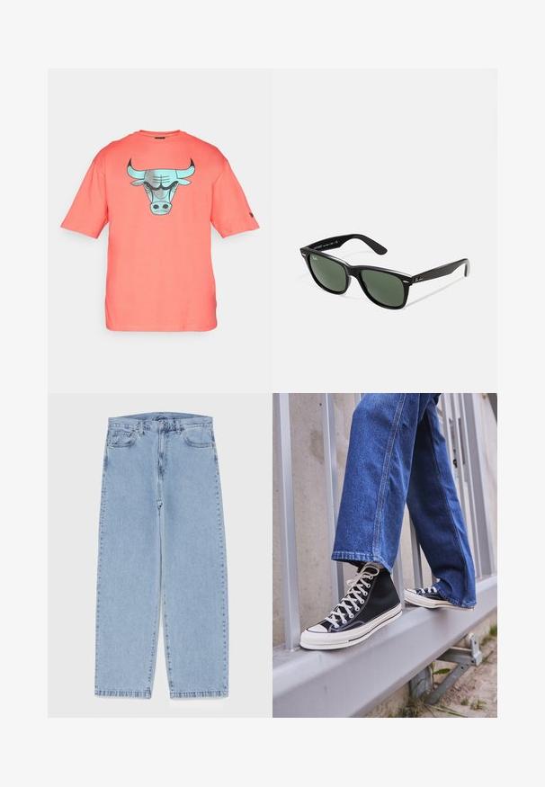 Koralfarbenes T-Shirt mit kurzen Ärmeln aus Baumwolle, auf der Vorderseite mit einem türkisen Bullengrafik. Normale Passform mit rundem Halsausschnitt.; Hellblaue Jeans aus Denim mit geradem Bein, ausgestattet mit einer mittelhohen Taille, fünf Taschen sowie einem Knopf- und Reißverschluss.; Schwarze High-Top-Sneaker mit weißer Sohle und Schnürsenkeln, kombiniert mit lockeren blauen Jeans, die auf einem grauen Geländer ruhen.; Schwarze Plastiksonnenbrille mit grünen Gläsern, quadratischen Rahmen, silbernem Akzent auf der Augenbraue und strukturierten Bügeln. Angegebene Marke auf dem inneren Bügel.
