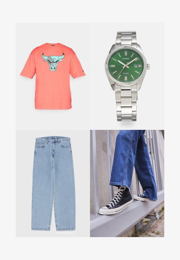 Koralliveniline lühikese varrukaga T-särk, mis on valmistatud puuvillast ja mille esiküljel on türkiissinine pulli graafika. Tavaline lõige ja ümmargune kaelaaugu.; Heled sinise denimi sirgete põlvede lõikega teksad, millel on keskmise kõrgusega vöökoht, viis taskut ning nööbid ja tõmblukk.; Mustad mustade kõrgete tossudega, millel on valge tallaga ja valged paelad, koos vaba sinise denimidega, mis puhkavad hallil piiridel.; Hõbedane roostevabast terasest kell, millel on ümmargune roheline kellanäidik, hõbedased tunni märgid, kuupäeva näit ja metallist link-randmevahe. Veekindel kuni 50 meetrit.