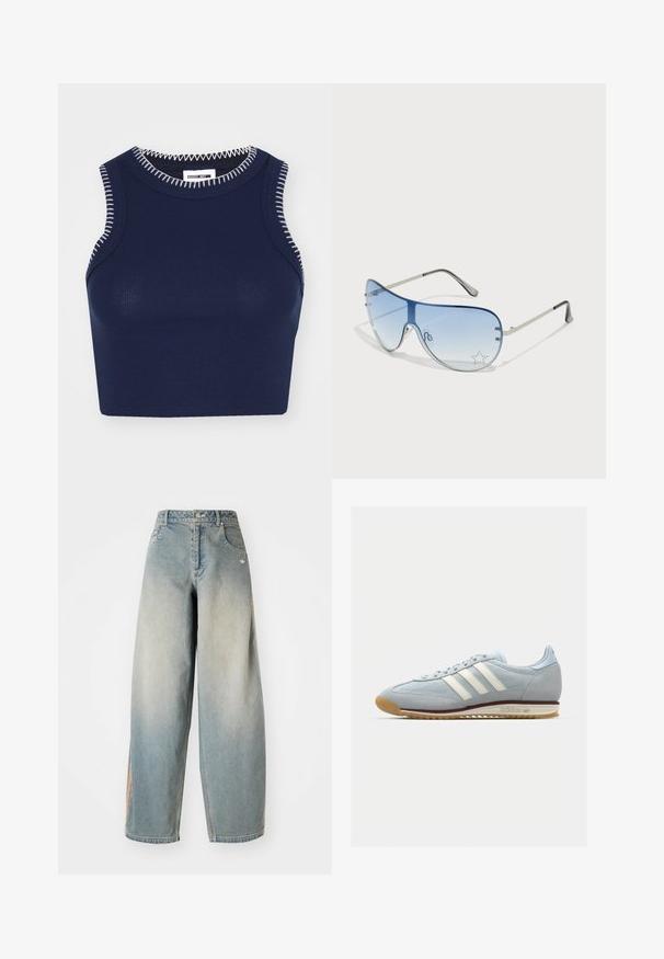 Mørkeblå ribbestrikket tanktop med rund hals, med kontrasterende hvite sømmer langs kantene og uten ermer.; Lyseblå denim vide bukser med en falmet finish. Har forlommer, en knaplukning, og et diskret logo på taljebåndet.; Lys blå semsket sneakers med hvite tre striper, gummisåle og teksturert mesh. Har en jevn tåhette og merkevare på hælen.; Pilotbriller med gradient blå linse, sølvfarget metallramme og dekorative stjerneaksenter på linsen. Glatt og stilren design.