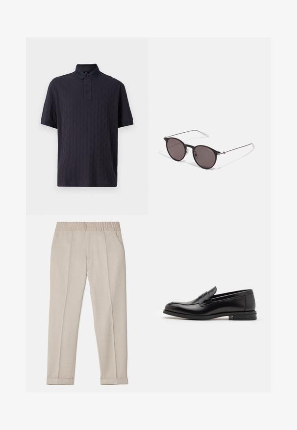 Navy blue short-sleeve polo shirt with a textured pattern, featuring a button placket and contrasting collar. Soft fabric, relaxed fit.; Filippa K TERRY CROPPED TROUSERS - Trousers - sage melange; Black leather loafers with a smooth texture, rounded toe, and a decorative strap across the vamp. Low stacked heel, minimalist design.; Black round sunglasses with dark lenses and slim metal arms. Includes clear temple tips and silver accents at the hinge. Minimalist design.