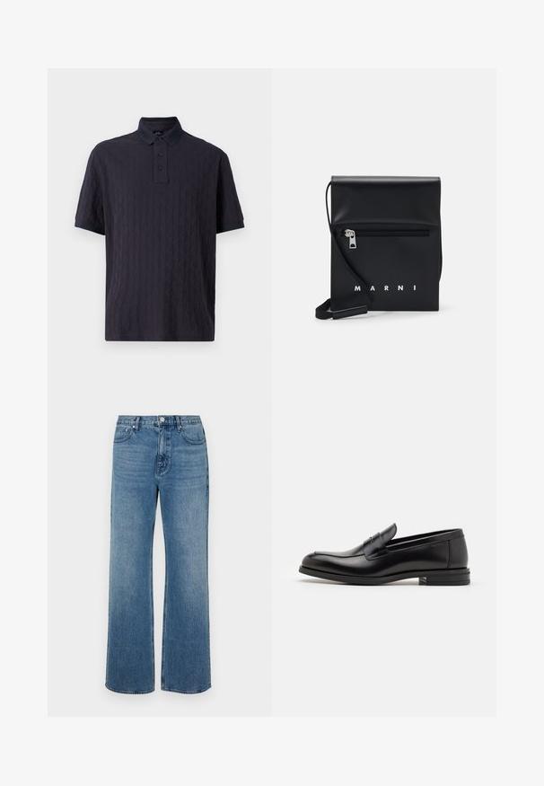 Námořnická modrá polokošile s krátkým rukávem a texturovaným vzorem, s knoflíkovou légou a kontrastním límcem. Měkká tkanina, volný střih.; Široké modré džíny vyrobené z denimu s vybledlým povrchem. Mají pět kapes, přední zapínání na knoflík a rovný střih.; Černé kožené polobotky s hladkou texturou, zaoblenou špičkou a zdobným páskem přes nárt. Nízký stohovaný podpatek, minimalistický design.; Černá kožená kabelka přes rameno s přední zipovou kapsou, embosovaným logem a nastavitelným popruhem. Hladký povrch s pevnou strukturou.
