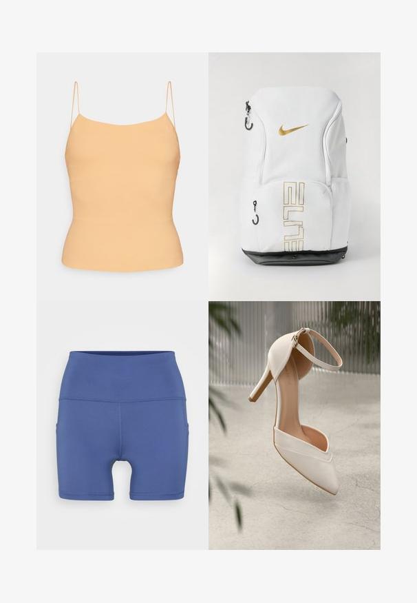 ferskenfarget camiset med tynne justerbare spaghettistropper. Slim fit, glatt tekstur og et enkelt design med en lett buet kant.; Høyt midjebånd blå treningsshorts laget av elastisk stoff, med en glatt tekstur, tettsittende design og sidelommer for ekstra bekvemmelighet.; Hvit høyhælte sko i glatt materiale med spiss tå og ankelreim. Har en lys tan interiør og detaljer i gullfarge.; Nike ryggsekk i hvit med gull logo og "ELITE" tekst, glidelåslukking, mesh sidelommer og sort bunn. Glatt tekstur.