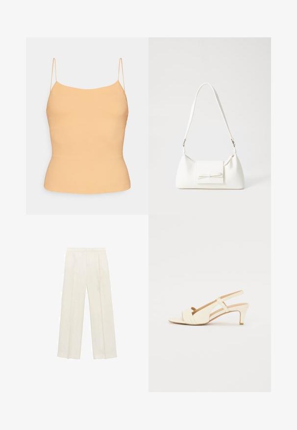 Peach-colored camisole with thin adjustable spaghetti straps. Slim fit, smooth texture, and a simple design with a slightly curved hemline.; Wide-legged trousers in a light cream color. Made from a smooth fabric with pleats at the front and side pockets.; Beige slingback heel with a slight pointed toe and three horizontal straps across the front. Features a mid-height heel and smooth texture.; White synthetic handbag with a triangular shape, flat front flap and bow detail, adjustable strap, smooth texture, and minimalistic design.
