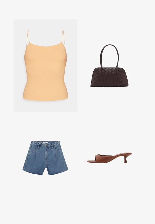 Majica breskvaste boje s tankim podesivim trakicama. Uski kroj, glatka tekstura i jednostavan dizajn s lagano zakrivljenim rubom.; Traperice kratke hlače svijetloplave boje s visokim strukom, s prednjim nabranim dijelom, rajsferšlusom i razderanim rubom. Uključena su četiri džepa.; Smeđe sandale s otvorenom nožnom prstom i potpeticom, s glatkom, mat završnom obradom, koje imaju zakrivljen dizajn i prozirnu, suženu potpeticu.; Tkanna smeđa kožna torba za ruke zaobljenog oblika, s dvojim gornjim ručkama i glatkom teksturom; sadrži diskretne šavove kao detalj dizajna.