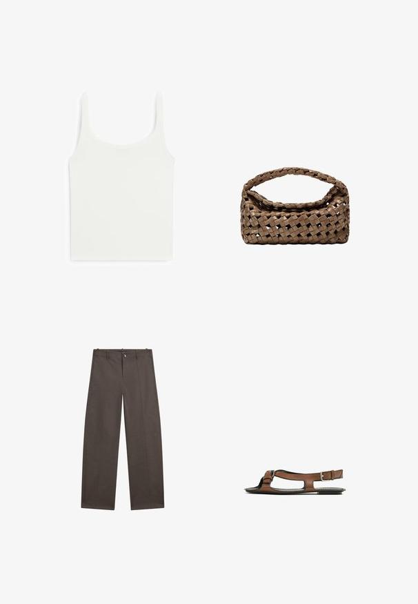 Vit trikåtop med tjocka band, tillverkad av ett mjukt, elastiskt tyg. Har en rundad halsringning och en enkel, ren design.; Breda byxor i mörkt brunt tyg. Har en knappstängning, två framfickor och en slät textur med rena sömmar.; Brun lädersandal med öppen tå och sidoklipp. Har en ankelrem med en metallspänne och en platt sula.; Vävd brun handväska med rektangulär form, strukturerat handtag och texturerad yta. Har en stängd topp och ett intrikat vävningmönster.
