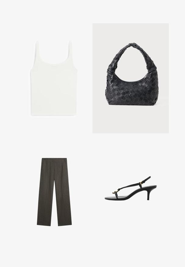 Hvid tætsiddende tanktop med brede stropper, lavet af glat, elastisk stof. Har en rund udskæring og et simpelt, rent design.; Mørkegrå, vidde benbukser lavet af tekstureret stof, med to sidelommer og en ren frontfold. Enkel, skræddersyet design.; Sort læder kitten hæl sandal med tynde stropper, guldspænde og minimalistisk tå løkke på en hvid baggrund.; Sort læder vævet skuldertaske med et afrundet håndtag og en halvmåneformet krop på en ensfarvet baggrund.
