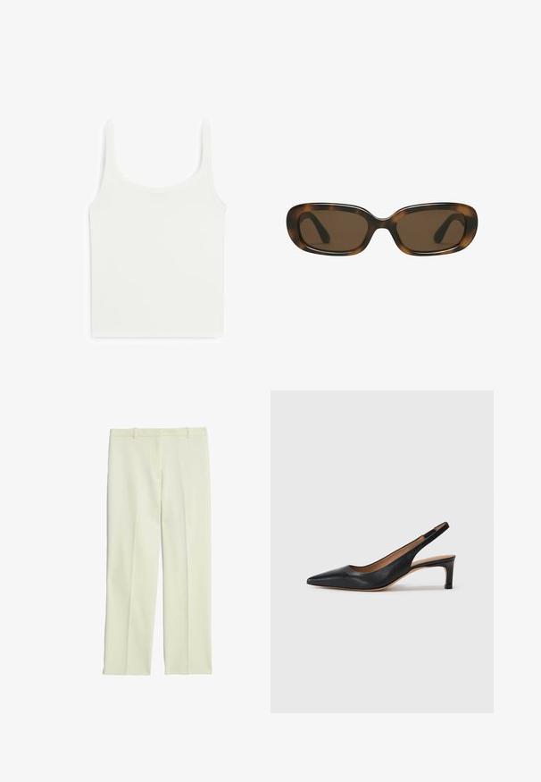 Hvid tætsiddende tanktop med brede stropper, lavet af glat, elastisk stof. Har en rund udskæring og et simpelt, rent design.; Cremefarvede skræddersyede bukser med lige ben, der har en glat front, bæltestropper og en glat tekstur.; Sort læder slingback pumpe med spids tå, lav hæl og en glat overflade. Har en tynd justerbar rem for en sikker pasform.; Skildpadde-mønstret solbriller med en glat, afrundet rektangulær ramme og brune linser. Har tynde, buede arme med en blank overflade.; Tommy Hilfiger CASUAL SHOULDER BAG - Håndtasker - coastal taupe