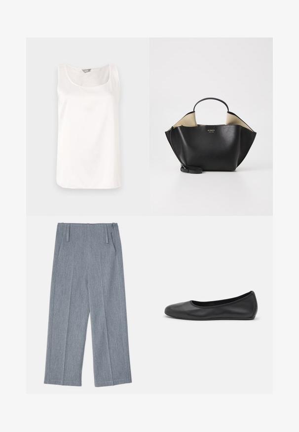 White sleeveless top with a rounded neckline, made from a smooth, shiny fabric; simple design without patterns or embellishments.; Light gray, wide-leg trousers made of textured fabric, featuring two front pleats and two side pockets. Clean, tailored design.; Black leather ballet flat with a rounded toe, smooth texture, minimal stitching detail, and a flexible sole design.; Ree Projects ANN TOTE MINI - Handbag - black