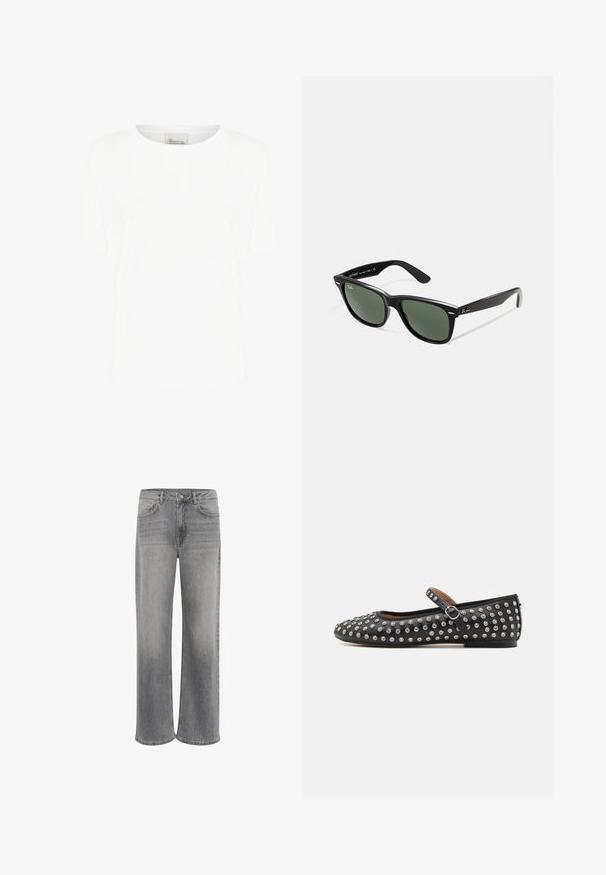 Biela krátka tričko s rukávmi z mäkkej bavlny, s okrúhlym výstrihom a voľným strihom, bez viditeľných vzorov alebo akcentov.; Široké nohavice z šedej džínoviny, s vysokým pásom, piatimi vreckami, predným zapínaním na gombík a jemným vyblednutím látky.; Čierne kožené ploché topánky s okrúhlou špičkou, so strapcom a striebornými cvokmi rovnomerne rozmiestnenými po hornej časti.; Čierne plastové slnečné okuliare so zelenými šošovkami, štvorcové rámy, strieborný akcent na obočí a textúrované ramenné opierky. Brand uvedený na vnútornej strane ramien.; Čierna syntetická kabelka s zakriveným tvarom, strieborným reťazovým popruhom, zipsovým uzáverom a embosovaným logom značky na prednej strane. Hladký povrch.