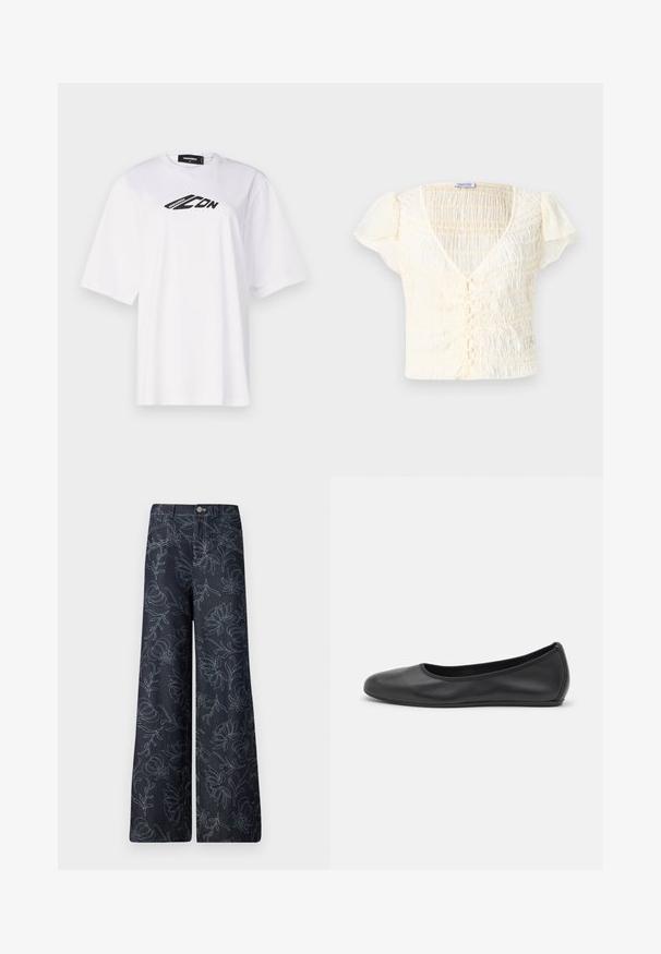Witte katoenen t-shirt met een ronde hals, korte mouwen en een zwart "ICON" logo gedrukt op de borst. Glad textuur.; Crème-kleurige top met korte mouwen, met een gesmokt textuur, V-hals en knoopsluiting. Lichtgewicht stof met subtiele pofmouwen.; Donkerdenim wijde broek met een geborduurd bloemenpatroon in lichtblauw. Klassiek vijf-pocket ontwerp met een sluiting met knoop aan de voorkant.; Zwarte leren ballerina met een ronde neus, gladde textuur, minimale stikdetails en een flexibele zoolontwerp.
