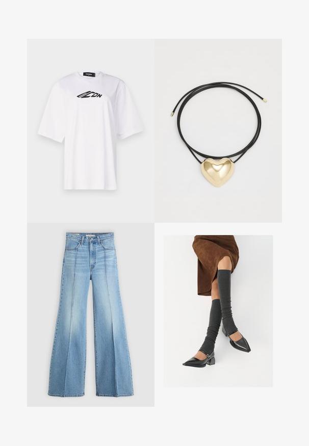 Λευκό βαμβακερό μπλουζάκι με κούμπωμα, κοντά μανίκια και μαύρο λογότυπο "ICON" τυπωμένο στο στήθος. Απαλή υφή.; Ανοιχτό μπλε τζιν ψηλόμεσα με φαρδιές γάμπες, μπροστινές και πίσω τσέπες, θηλιές ζώνης και κάθετες ραφές μπροστά.; Μαύρες πατεν leather γόβες με αιχμηρή μύτη, τετράγωνη φτέρνα και λουράκι αστραγάλου, συνδυασμένες με γκρι ριγέ ζεστά ποδιές και καφέ σουέντ φούστα.; Μαύρο κολιέ από πλεγμένη κορδέλα με κρεμαστό χρυσό καρδιά με λείες καμπύλες και γυαλιστερή επιφάνεια.