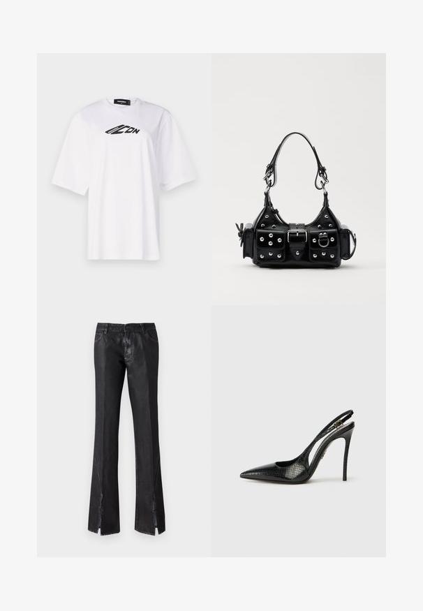 Balta medvilninė marškinė su apvalia iškirpte, trumpomis rankovėmis ir juodu "ICON" logotipu, išspausdintu ant krūtinės. Sklandi tekstūra.; Juodos platėjančios kelnės su blizgiu paviršiumi, turinčios dvi priekines kišenes ir skeltukus prie apvado, pagamintos iš patvarios medžiagos.; Juoda slingback bateliai su smailiu toe, tekstūruota gyvatės rašto, stiletto kulnu ir dekoratyviu užsegimu ant dirželio.; Juodas odinis rankinukas su kreiviu dizainu, su sidabro spalvos knopkėmis, užsegimu ir dviem šoninėmis kišenėmis. Reguliuojama dirželis nešimui.