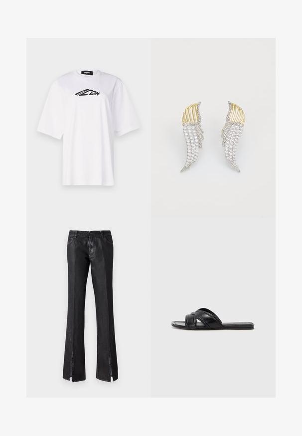 Valge puuvillane T-särk, millel on ümmargune kaelus, lühikesed varrukad ja must "ICON" logo trükiga rinnal. Sile tekstuur.; Mustad mustad püksid läikiva viimistlusega, millel on kaks esikotti ja lõhikute disain säärtel, valmistatud vastupidavast kangast.; Mustad mustad sandaalid, millel on siledast nahast viimistlus, risti asetatud rihmad ja väljalõiked ning lame, paindlik tald.; Kaks tiivakujulist kõrvaehte, mis on valmistatud hõbedatooni metallist, millel on selged ümarad kristallid ja kuldtooni metallikattega kihiline disain.