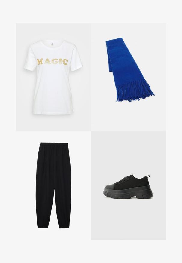 Biely bavlnený tričko s lesklým zlatým textom „MAGIC“ v tučnom, zaoblenom písme. Krátke rukávy a klasický okrúhly výstrih.; Čierne, ľahké nohavice s elastickým pásom a zúženými nohavicami. Tkanina je hladká a má voľný, zúžený strih.; Čierne tenisky s masívnou gumovou podrážkou, textúrovaným textilným zvrškom, okrúhlou špičkou a šnurovaním. Obsahujú spevnené očká a zadný úchop.; Modrá tkaná šatka s strapcami na koncoch, hladká textúra, obdĺžnikový tvar a jednotná farba po celom povrchu. Vhodná do chladného počasia.