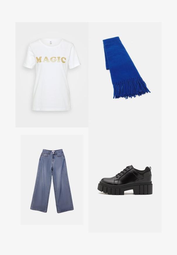 Camiseta de algodão branca com texto dourado brilhante que diz "MAGIC" em uma fonte bold e arredondada. Mangas curtas e um decote redondo clássico.; Calças de ganga de perna larga numa lavagem azul clara, com uma cintura alta, bolsos frontais e fecho de botão com passadores para cinto.; Sapatos de plataforma em couro preto com um salto bloco robusto, bico redondo e design clássico de atacadores. Apresentam uma textura suave e detalhes mínimos.; Cachecol azul tecido com extremidades franjas, textura suave, forma retangular e cor uniforme em todo o comprimento. Adequado para clima frio.