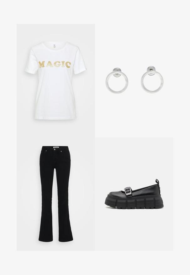 Bela bombažna majica s kratkimi rokavi, na kateri je z zlato bleščečim tiskom napisan napis "MAGIC" v krepki, zaobljeni pisavi. Klasičen kroj z okroglim izrezom.; Črne široke kavbojke, narejene iz denima, z klasičnim pet-pocket dizajnom, srebrnim okovjem in gumbom za zapiranje na pasu.; Črne platformske loafer čevlje s zaobljenim nosom, gladkim usnjem, nastavljivo sponko in rebrastim gumijastim podplatom s horizontalnimi reberci.; Srebrni kovinski obročasti uhani z brušenjem, s krožno obliko in prozornim zatičem za varno nošenje.
