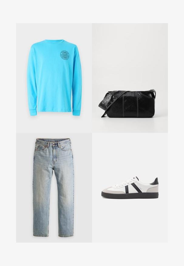 Tričko s dlouhým rukávem z jasně tyrkysového bavlněného materiálu, s černým kruhovým logem na levém prsu. Jednoduchý kulatý výstřih a žebrované manžety.; Svetle modré džíny z denimu s vysokým pasem, předním knoflíkem, zipem a designem s pěti kapsami, ležící rovně na neutrálním pozadí.; Bílé tenisky s černými a šedými akcenty, opatřené texturovaným šedým prstovým krytem, černou gumovou podrážkou a plochými bílými tkaničkami. Čistý design, minimalistický styl.; Černá kožená kabelka přes rameno se zapínáním na zip, s texturovaným tělem, bílým prošíváním a popruhem se stříbrnými očky.