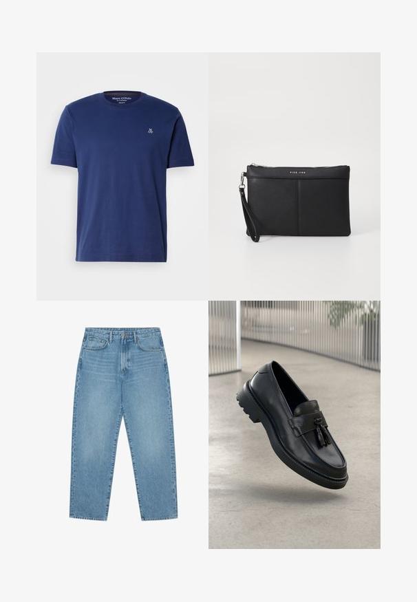 Marinblå bomullströja med korta ärmar, rundad halsringning och liten broderad logotyp på bröstet, med en vanlig passform.; Ljusblåa jeans i denim med rak modell, fem fickor och lätt urblekt textur. Har knapp- och blixtlåsstängning.; Svarta loafers i läder med slät yta, dekorativ tofs, tjock sula i gummi och sydda detaljer. Lätt och elegant design.; Svart syntetisk clutch med dragkedja, handledsrem och en slät textur. Har subtil sömnad och en prägling av logotypen på framsidan.