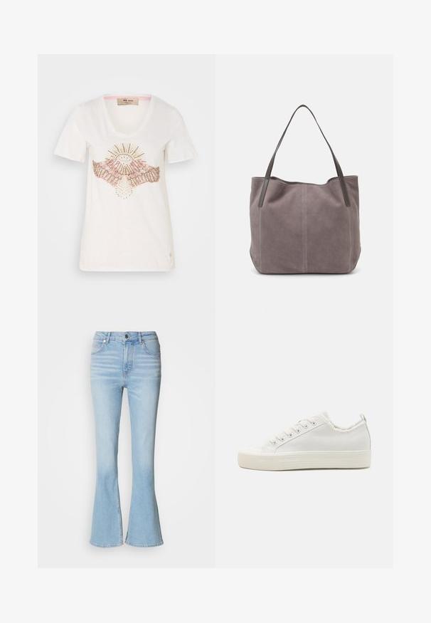 Balta īsām piedurknēm T-krekls ar apkakli, ar rotāju dizainu, kurā attēlots saule un spārni rozā un metāliskos akcentos, izgatavots no mīksta auduma.; Gaišzili flared džinsi, izgatavoti no denima, ar augstu jostas vietu, kuram ir vieglas izbalēšanas un standarta rāvējslēdzējs.; Baltas audekla tenisa apavi ar teksturētu augšpusi, apaļu purngalu, plakanu zoli un šņorēšanu priekšpusē. Iedziļināti izstrādāta nedaudz nolietota apkakle un cilpa, kas atvieglo uzvilkšanu.; Pelēks zamšādas rokassoma ar diviem tumšiem ādas rokturiem. Iespējas ietver šuvējas detaļas sānos, mīkstu tekstūru un plašu atvēršanu.