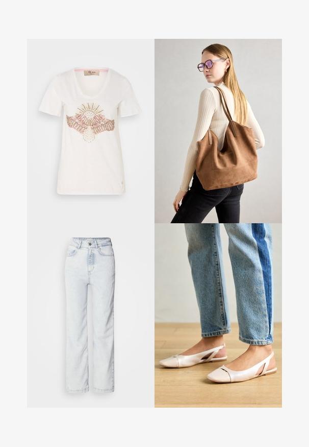 Balta trumpa rankovė T-marškiniai su apvaliu kaklu, puoštu saulės ir sparnų dizainu rožinės ir metalo akcentais, pagaminti iš minkštos medžiagos.; Šviesiai mėlynos aukšto liemens džinsus su tiesiu kirpimu, pagaminti iš džinsinio audinio. Yra mygtukų užtrauktukas, penkių kišenių dizainas ir subtilus nudėvėtas tekstūros efektas.; Šviesiai rožiniai slingback baleto bateliai su smailiu pirštu, pagaminti iš lygios odai panašios medžiagos. Yra išpjovimų detalės šonuose ir plokščias kulnas.; Ruda zomšos rankinė su minkšta tekstūra, dideliu atidarymu ir ilgomis diržais. Pasižymi paprastu dizainu, matomomis siūlėmis ir be aksesuarų.