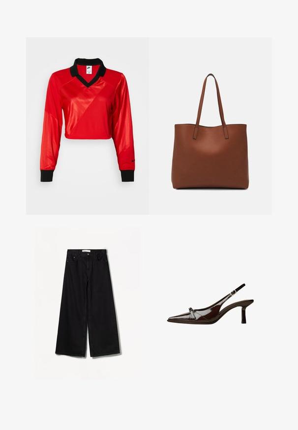 Piros, rövidített sportfelső fekete gallérral, hosszú ujjakkal, textúrált mintával és Nike logóval az ujján. Sima és fényes anyag.; Bershka WIDE-LEG - Széles szárú - black; Barna lakkbőr slingback cipő hegyes orral, alacsony sarkal és díszes masnival elöl. Simma, fényes felület.; Barna bőr vászontáska sima textúrával, nyitott tetejű dizájnnal és két vállpánttal. Minimális varrással és látható hardver nélkül készült.