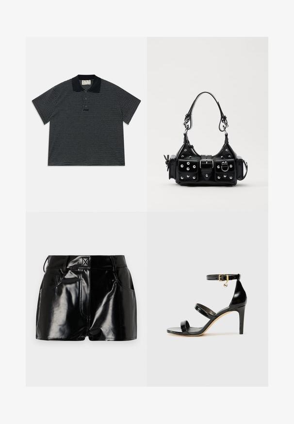 Melns īsām piedurknēm polo krekls ar plānām baltām horizontālām svītrām un trim pogām priekšpusē, ar melnu apkakli un auduma birku iekšpusē kaklā.; Melnas ādas krekls ar pogu aizdari priekšā, norādītu apvalku un divām krūšu kabatām. Iezīmē vaļīgu piegriezumu un gludu tekstūru.; Melnas, spīdīgas šorti, izgatavoti no sintētiskā materiāla. Iezīmētais viduklis, jostas cilpas un priekšējās kabatas ar izteiktām šuvju detaļām.; Melnas lakota ādas sandalēs ar trim siksnām, potītes sprādzi un 4 collu stiletto papēdi. Iespējas ar zelta detaļām un logotipa piekariņu.; Melnas ādas rokturmais ar izliekumu, ar sudraba iedurtiem, sprādzi un divām sānu kabatām. Regulējams siksniņas garums dažādām nēsāšanas iespējām.