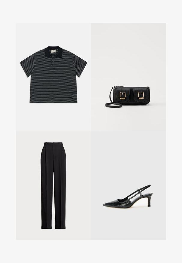 Schwarzes Poloshirt mit kurzen Ärmeln, dünnen weißen horizontalen Streifen und drei vorderen Knöpfen, ausgestattet mit einem schwarzen Kragen und einem Stoffetikett im Nacken.; Schwarze, taillierte Hose mit hoher Taille, mit Falten vorne, geradem Bein-Design und umgeschlagenem Saum. Aus glattem Stoff gefertigt.; Schwarze Lack-Slingback-Pumps mit spitzem Zehenbereich, versehen mit strukturiertem Schlangenprint, verstellbarem Riemen und einem kurzen, strukturierten Blockabsatz.; Schwarze Leder-Umhängetasche mit zwei vorderen Taschen, goldenen Schnallen, Reißverschluss und einem schmalen Tragegurt. Texturierte Oberfläche und kompakte rechteckige Form.