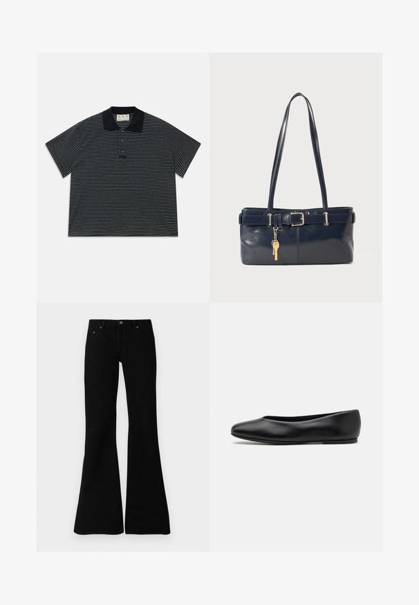 Polo shirt noir à manches courtes avec de fines rayures blanches horizontales et trois boutons sur le devant, doté d'un col noir et d'une étiquette en tissu à l'intérieur du cou.; Jean évasés noirs en denim, avec un design classique à cinq poches, fermeture à bouton et détails de couture subtils le long des coutures.; Paul Smith TOPANGA - Ballerines - black; Sac à main en cuir bleu marine avec deux longues poignées, un détail de boucle et un porte-clés accroché. Il présente une texture lisse et une forme rectangulaire.