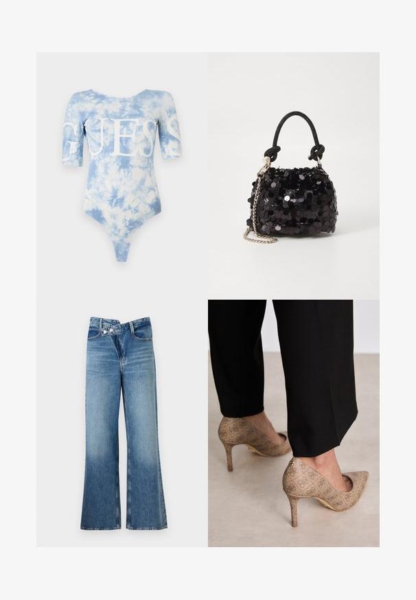 Zila saistītā džersija ar īsām piedurknēm un apaļu kakla izgriezumu. Priekšpusē liels balts "GUESS" logo ar augstu griezumu apakšā.; Gai zils džinsu auduma bikses ar platām kājām un augstu vidukli, kurām ir divi pogas un priekšējās kabatas. Audumam ir izbalējusi tekstūra ar smalkām variācijām.; Bežīgas augstpapēžu kurpes ar teksturētu audumu, kas rotāts ar atkārtotu rakstu. Norādītā pirksta dizains ar aizmugurējo akcentu un zelta papēža detaļām.; Melna spīguļota mini rokas soma ar mezglotu teksturētu siksniņu un sudraba ķēdi. Apaļa forma ar sakopotām malām un atstarojumu detaļām.