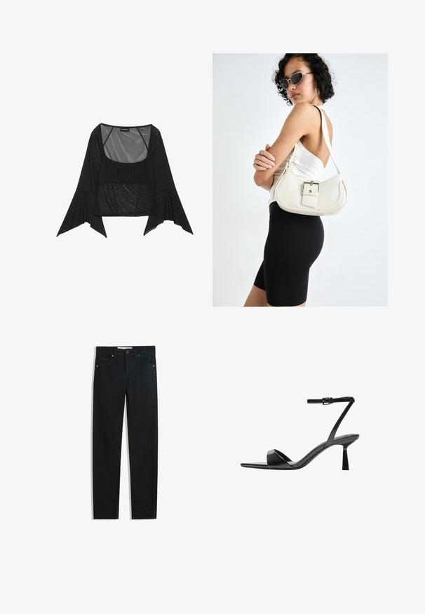 Schwarze Netzbluse mit quadratischem Ausschnitt, gerafftem Vorderteil und weiten Glockenärmel. Leicht und transparent im gesamten Material.; Schwarze Jeans mit geradem Bein, fünf Taschen, Metallknopfverschluss und dezenten Nähten. Glatte Textur.; Bershka High Heel Sandalette - black; Weiße Lederhandtasche mit geschwungener Form, verstellbarem Tragegurt und einem kleinen Schnallendetail. Das Modell trägt ein enges schwarzes Outfit.