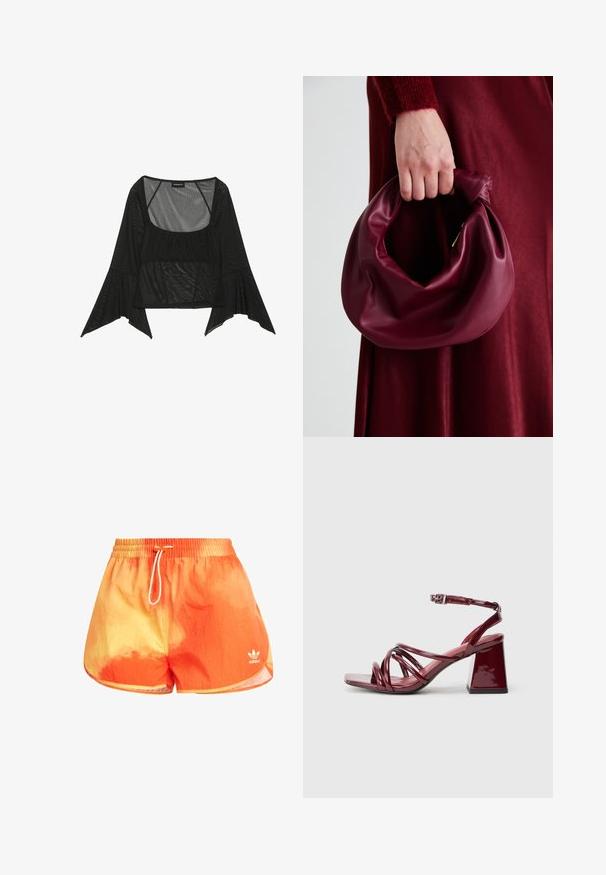 Čierna sieťovaná blúzka s štvorramenným výstrihom, zdobením na prednej strane a širokými zvonovými rukávmi. Ľahký a priesvitný materiál po celom obvode.; Plavky s oranžovo-žltým gradientom a sťahovacím pásom, vyrobené z ľahkého materiálu. Na ľavej nohe je decentné logo.; Patentné bordové sandále na podpätku so štvorcovou špičkou, s viacerými prepletenými pásikmi a masívnym blokovým podpätkom. Nastaviteľný pásik okolo členka.; Burgundská kožená kabelka s mäkkým, zhromaždeným dizajnom a zaobleným tvarom. Rukoväť je pevne zaisťujúca a vystavuje hladkú textúru.