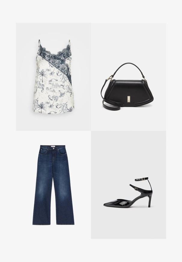 Satin majica s naramenicama s tamnoplavim čipkastim obrubom, s bijelom podlogom ukrašenom složenim plavim tropskim uzorcima uključujući palme i elemente plaže.; Traperice visokog struka s širokim nogavicama u tamnoplavom denimu. Sadrže pet džepova, petlje za remen i svijetlu izblijedjelost sprijeda za teksturu.; Crne lakirane cipele s visokom potpeticom, špicastim prstom, podesivim naramenicama i tankom potpeticom. Glatka tekstura s sjajnom završnom obradom.; Crna kožna torba s strukturiranim dizajnom, s krojenim oblikom, gornjom drškom i zlatnim detaljima. Uključena je podesiva ramena traka.