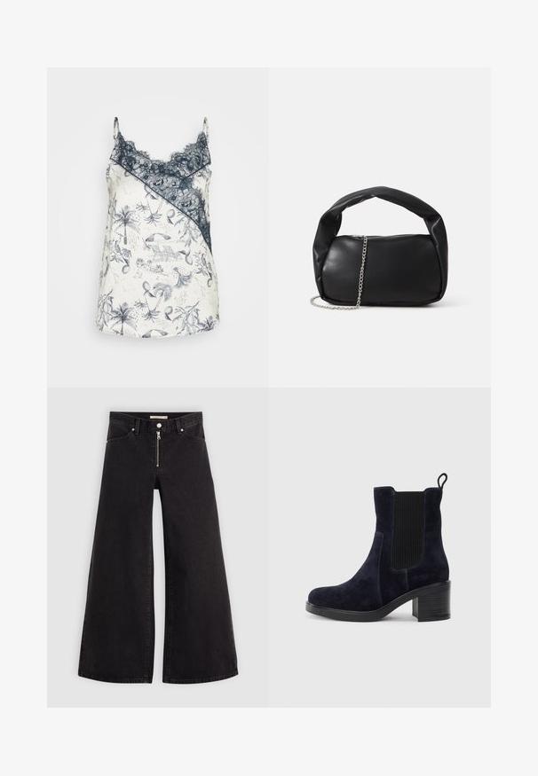 Camiseta de satén con ribete de encaje azul marino, con una base blanca adornada con intrincados patrones tropicales azules que incluyen palmeras y elementos de playa.; Jeans de pierna ancha en denim negro con cierre frontal, diseño de cinco bolsillos y detalles de costura sutiles. Textura suave y estilo casual.; Botín de ante azul marino con panel lateral elástico, puntera redondeada y tacón de bloque. La tela texturizada y la suela lisa añaden contraste.; Bolso de cuero negro con forma redondeada, asa gruesa y correa de cadena plateada. Textura suave con un ligero brillo.